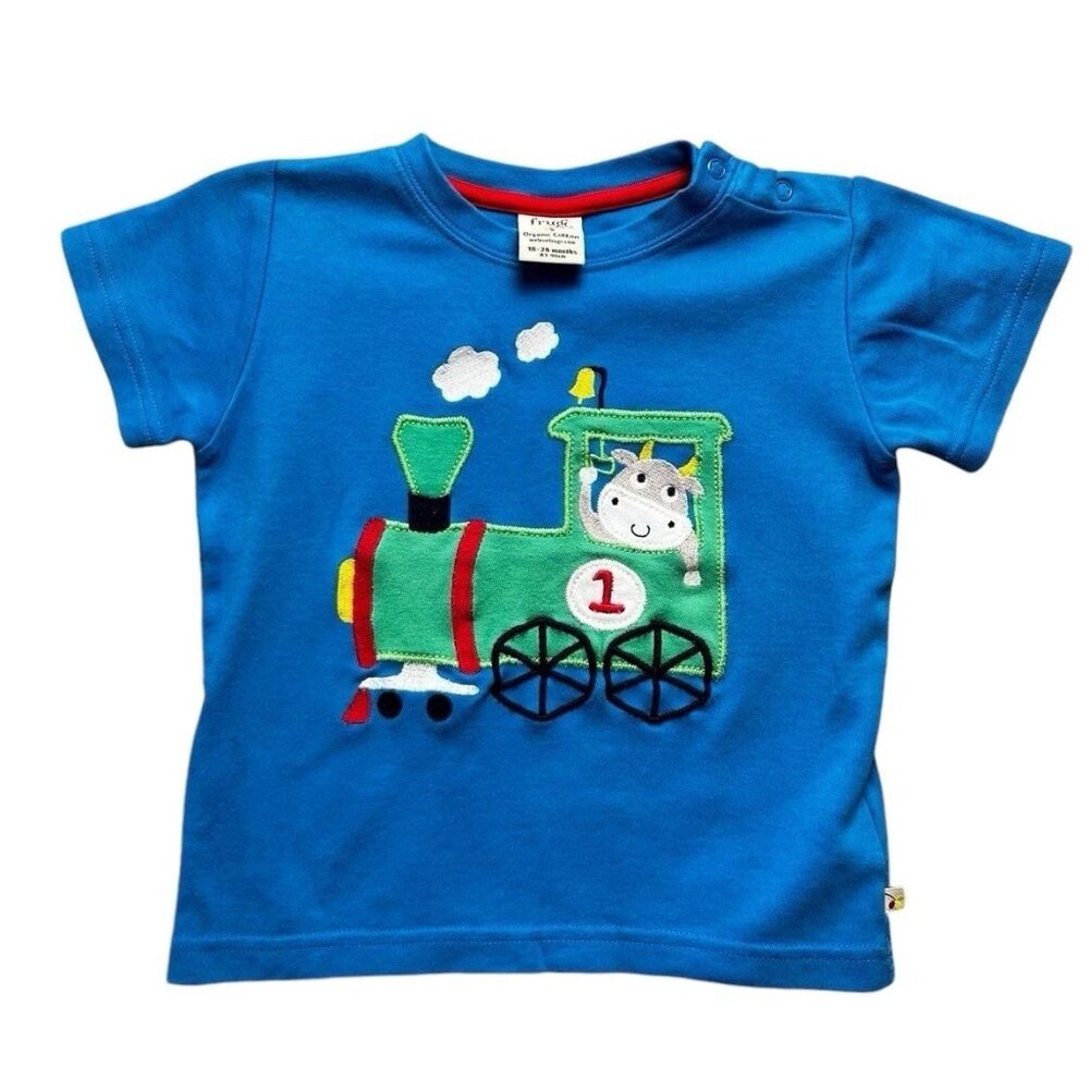 Frugi Organic Cotton Cow Train Applique Top Size 18-24 Months